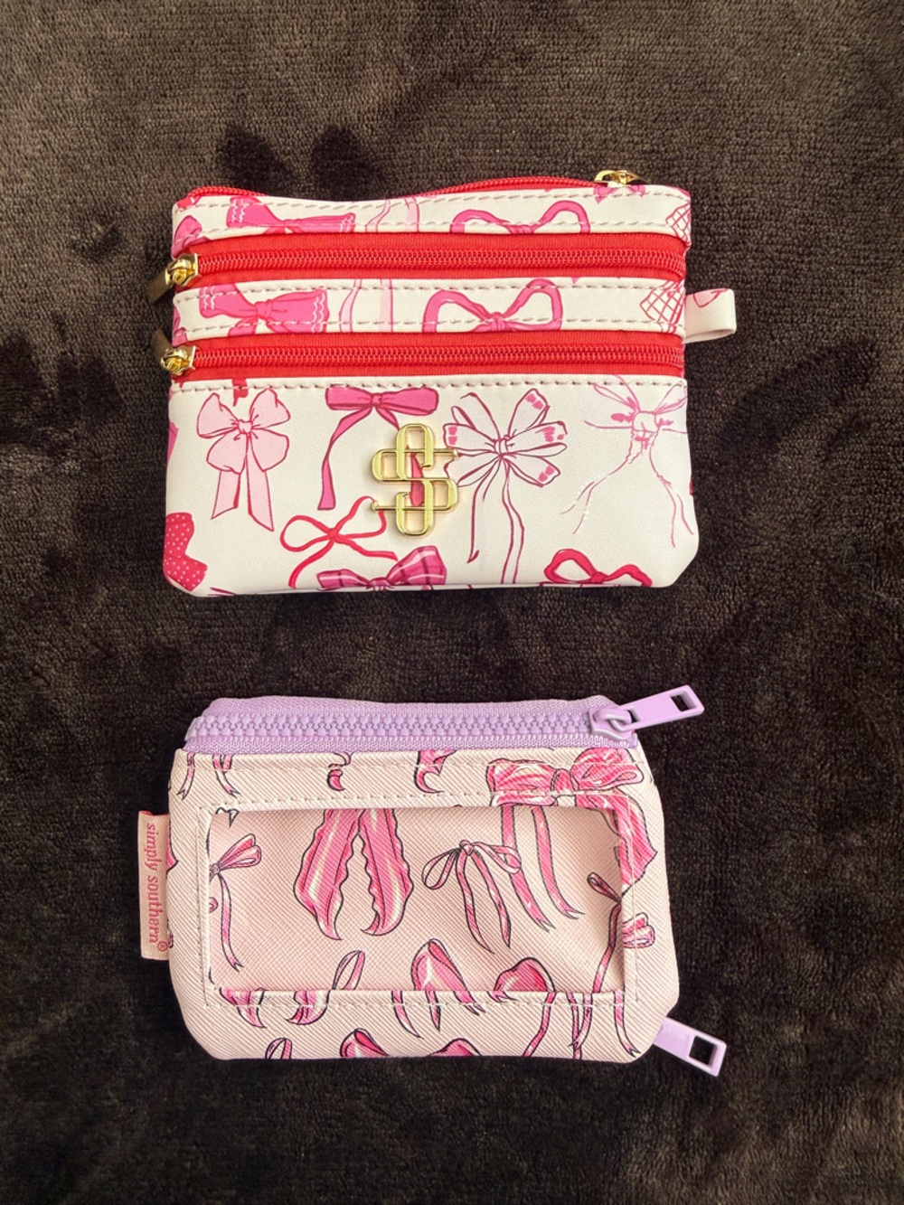 Simply Southern Pink and Light Purple Kids Zip Wallets with Bow Print